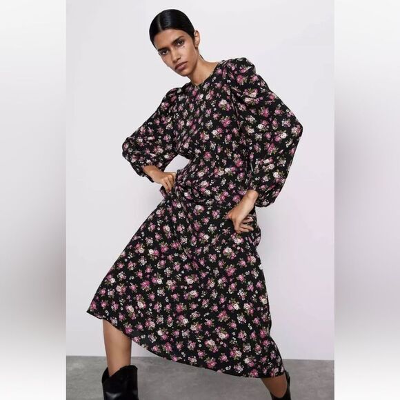 NWT. Zara Black Floral‎ Print Midi Dress. Size S - Picture 1 of 7
